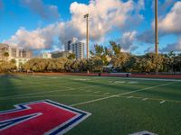 a field with red and blue colors next to trees in the city area of the capital