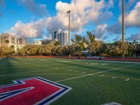 a field with red and blue colors next to trees in the city area of the capital