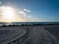 there is a large amount of footprints in the sand on the beach at sunset, and the sun shining behind the beach