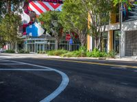 a tree lined street in front of a store with lots of flags flying in the background