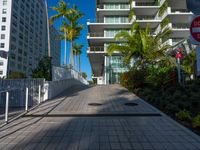 the entrance to an apartment with palms trees and bushes in the foreground, next to a concrete driveway