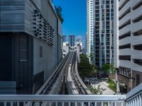 a train going down a tracks between tall buildings and a blue sky background behind it