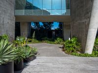 an architectural walkway and courtyard in a concrete building with potted plants on each side