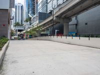 an empty sidewalk surrounded by tall buildings and trees on either side of a sidewalk under the freeway