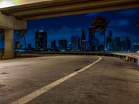 the city is very lit up at night with tall buildings and palm trees, including palm trees from a parking garage