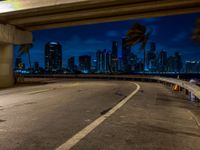 the city is very lit up at night with tall buildings and palm trees, including palm trees from a parking garage