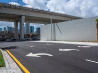 a couple of arrows in the road by a bridge on the highway and palm trees