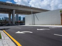 a couple of arrows in the road by a bridge on the highway and palm trees