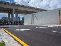 a couple of arrows in the road by a bridge on the highway and palm trees