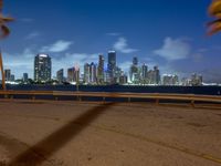 a view of the miami skyline from the beach area at night on the west side of the bay