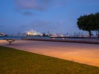 a bench overlooking a bay and a city skyline at night with a bright blue sky in the background