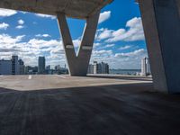 the view of a city from inside a building on a sunny day, including blue sky and clouds