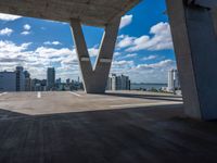 the view of a city from inside a building on a sunny day, including blue sky and clouds