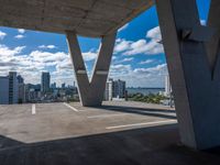 the view of a city from inside a building on a sunny day, including blue sky and clouds