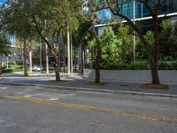 a city street with a sign on the corner of the road in front of trees