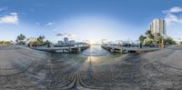 this is an image of a virtual beach scene with a view of a marina and water