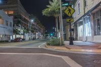a city street lined with palm trees and a man walking in the crosswalk at night