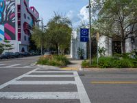 some street signs are on the side of a cross walk in an urban area with trees