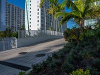 the entrance to an apartment with palms trees and bushes in the foreground, next to a concrete driveway