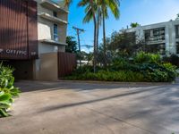 the entrance to an apartment with palms trees and bushes in the foreground, next to a concrete driveway