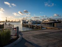 several boats sit docked at a marina during a beautiful day in the city on the water