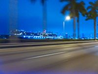 cars driving at night with tall palm trees in the foreground and skyline beyond and on the road