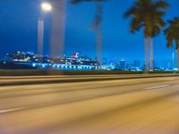 cars driving at night with tall palm trees in the foreground and skyline beyond and on the road