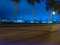 cars driving at night with tall palm trees in the foreground and skyline beyond and on the road