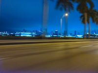 cars driving at night with tall palm trees in the foreground and skyline beyond and on the road