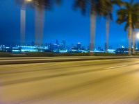 cars driving at night with tall palm trees in the foreground and skyline beyond and on the road