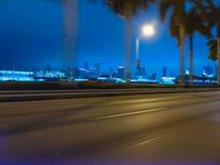 cars driving at night with tall palm trees in the foreground and skyline beyond and on the road