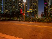 city skyline with various tall buildings with lights at night from the curb of a street