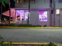 a building with bright lit windows and palm trees at night on a street in miami, usa