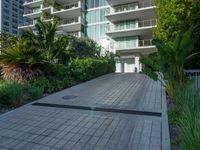 the entrance to an apartment with palms trees and bushes in the foreground, next to a concrete driveway