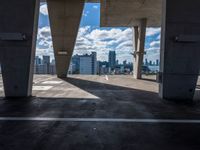 the view from the parking garage of cityscape and buildings on the horizon from the top of an elevated area