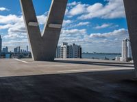 the view over buildings from the top of a bridge that crosses the city street in the distance