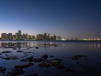 city skyline is seen from the water at night time, near the beach and rocks