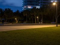 two benches sitting on the grass at night, next to an empty parking lot and tall buildings