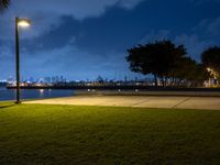 a lighted park bench is next to a street light and a grassy area at night