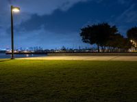 a lighted park bench is next to a street light and a grassy area at night