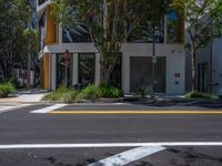 a street with lots of trees in front of it and two traffic lights on either side of the road