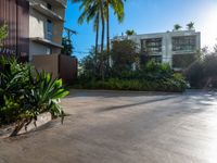 the entrance to an apartment with palms trees and bushes in the foreground, next to a concrete driveway