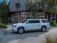 a silver suv outside a restaurant is parked near grass and bushes that are on the ground