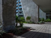 a courtyard with concrete walls and plants growing in the pots near each other and skyscraper building