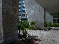 a courtyard with concrete walls and plants growing in the pots near each other and skyscraper building