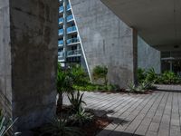 a courtyard with concrete walls and plants growing in the pots near each other and skyscraper building