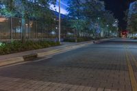 the sidewalk by the building has several green trees at night time and a man stands on a long brick path holding an umbrella