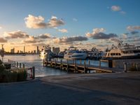 many boats are parked near a dock and buildings at sunset on the background with a bright sky