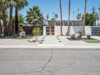 the front entrance to a desert home with several palm trees and shrubs around the entry