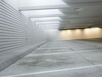 an empty parking garage with some concrete blocks on the walls and ceilings and a black fire hydrant in front